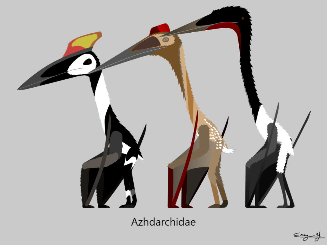 Pterosaurs. Not birds or storks. Not dinosaurs. Well known during the late Cretaceous. (Left to right are well known Azhdarchidae: Hatzegopteryx, Quetzalcoatlus, Arambourgiania)